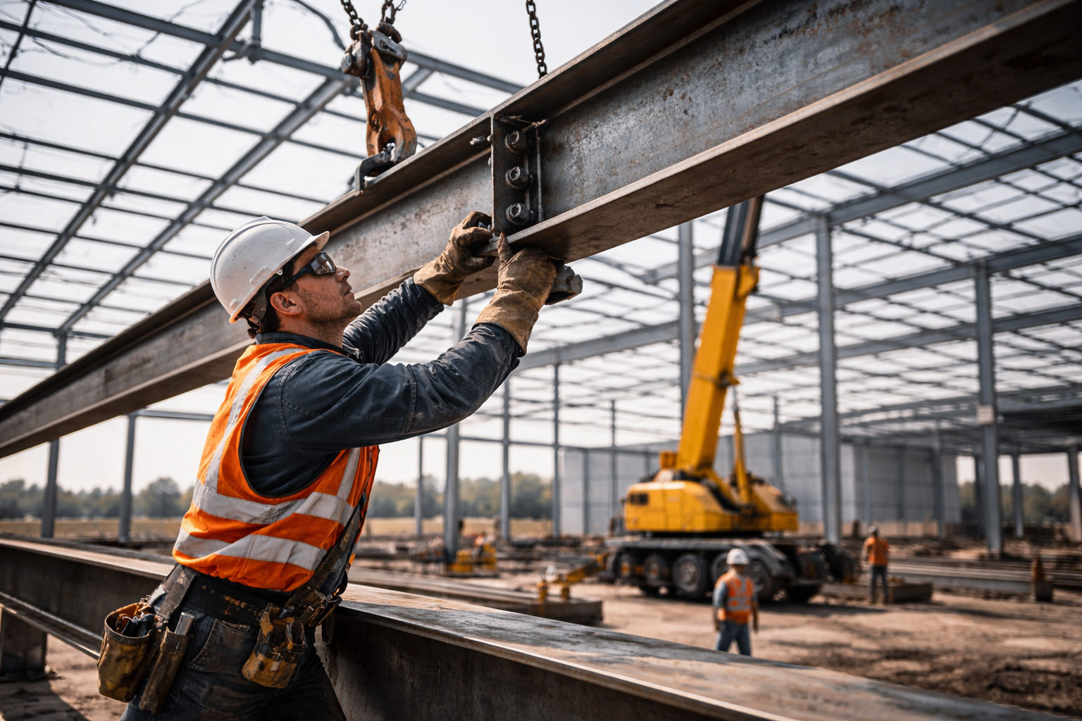 Stahlbau - Montage von Stahlträgern auf der Baustelle
