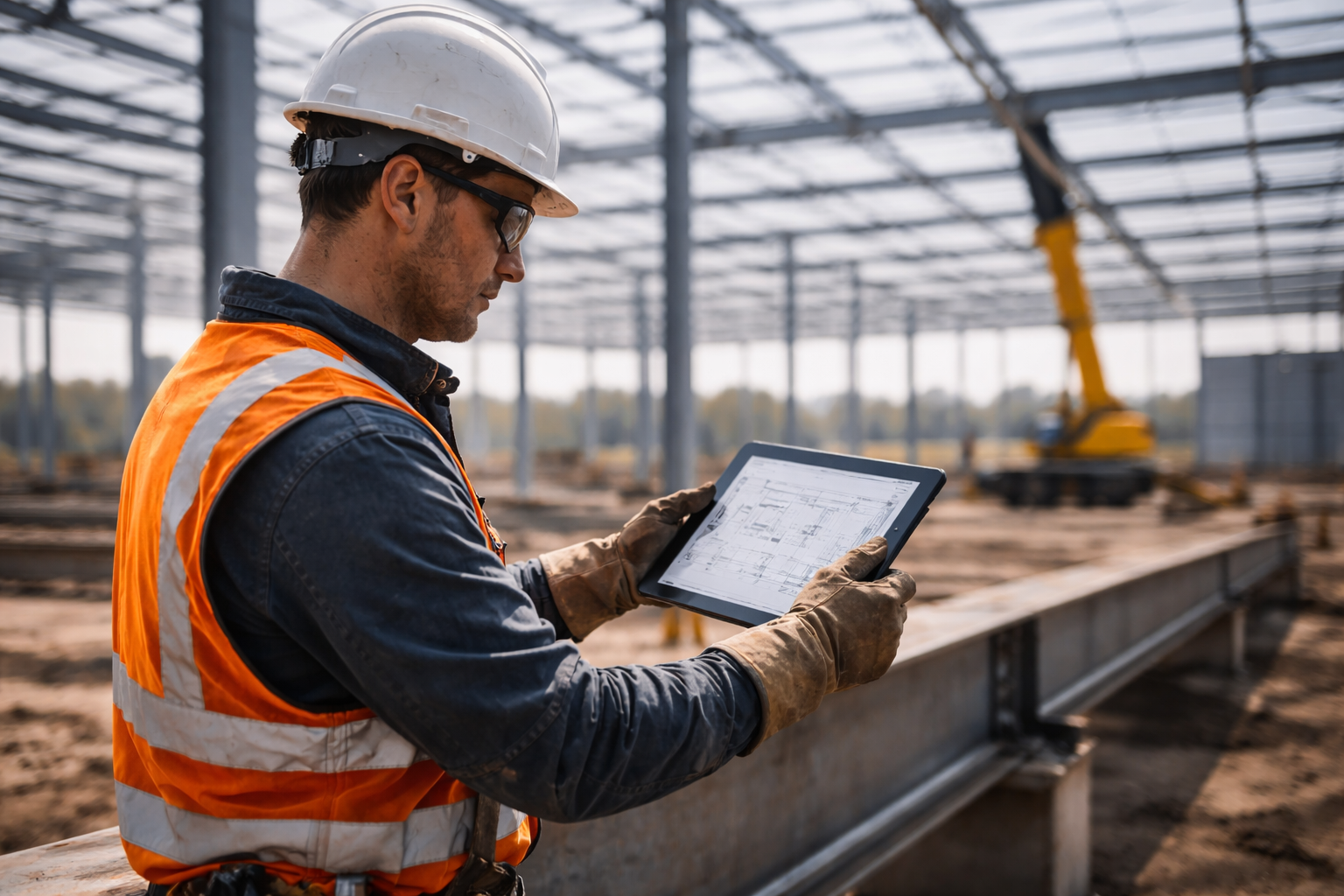 Digitale Baustelle - Bauarbeiter mit Tablet und Bauplänen