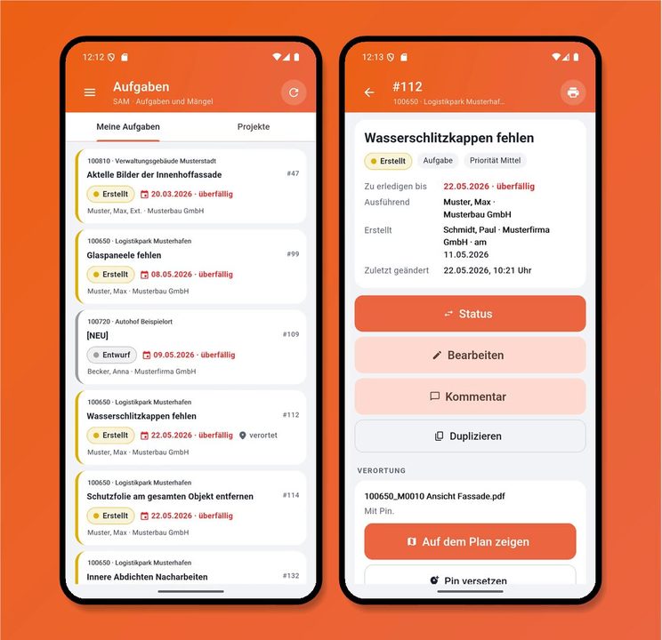 boldware.mobil Aufgaben und Mängel mit Status, Frist und Verortung