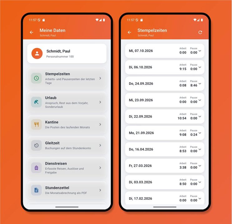 boldware.mobil Meine Daten und Stempelzeiten-Übersicht