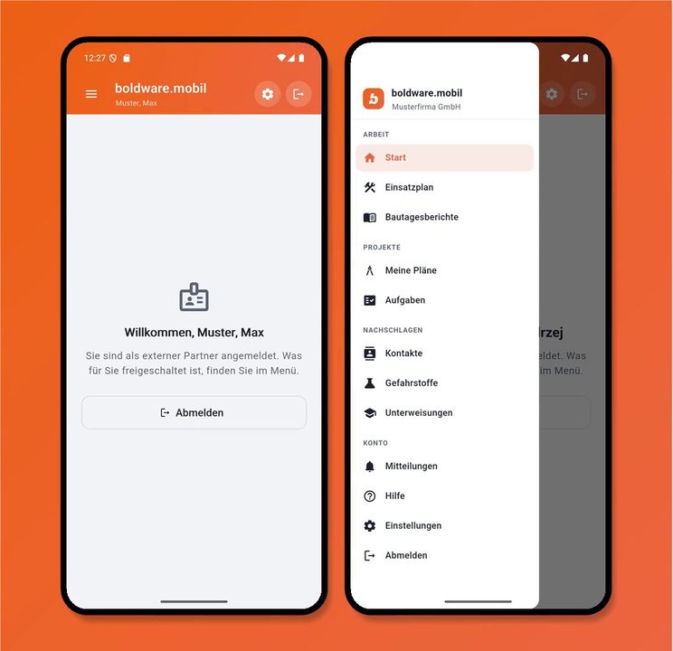 boldware.mobil Startseite und Menü für externe Partner