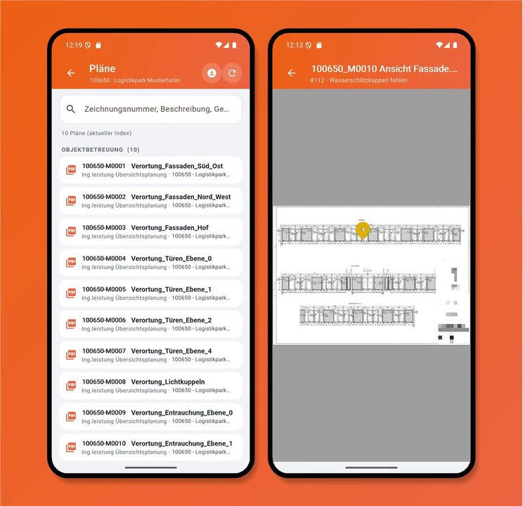 boldware.mobil Planliste und Plan mit verortetem Aufgaben-Pin