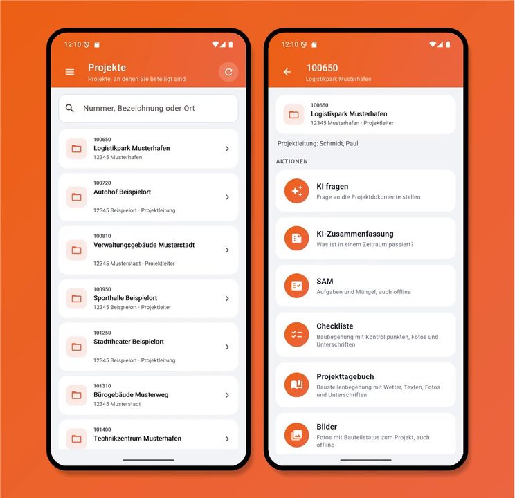 boldware.mobil Projektliste und Projektseite mit Aktionen
