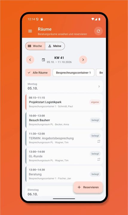 boldware.mobil Wochenansicht der Besprechungsräume mit Reservierungen