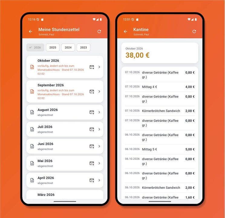boldware.mobil Stundenzettel pro Monat und Kantinenabrechnung