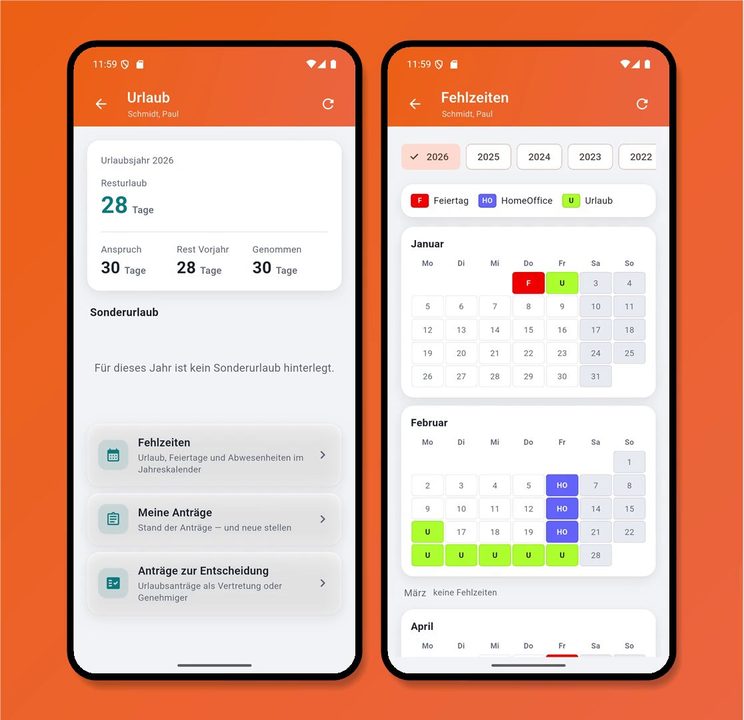 boldware.mobil Urlaubsübersicht und Fehlzeiten im Jahreskalender