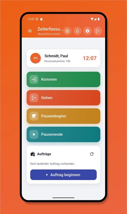 boldware.mobil Zeiterfassung mit Kommen, Gehen, Pausenbeginn und Pausenende